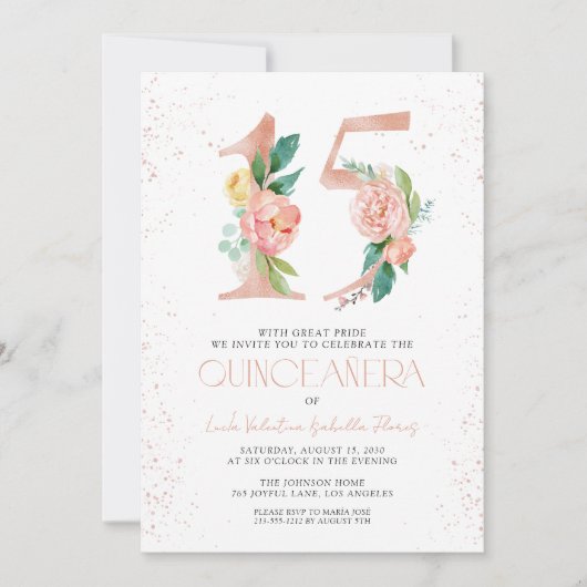 フローラ番号15ピンクローズ金ゴールドQRキンセアニラ 招待状 (正面)