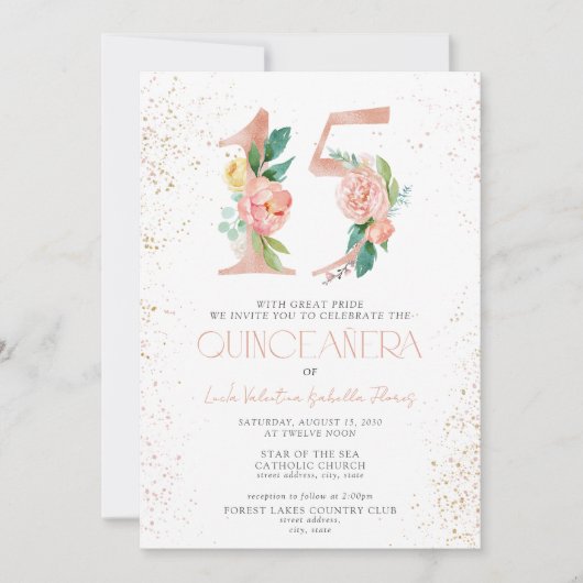 フローラ番号15 QRピンクローズ金ゴールドキンセアニラ 招待状 (正面)