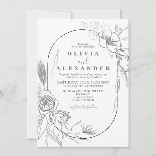フローラ白と灰色の花の結婚式招待状 招待状 (正面)