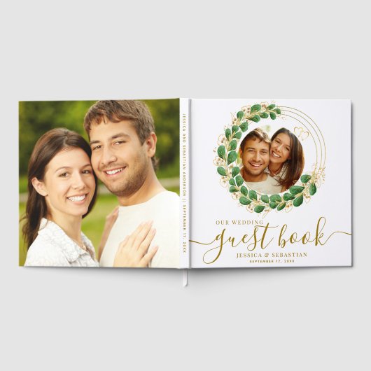 フローラ白と金ゴールドカスタムフォト結婚ズ ゲストブック (全面)