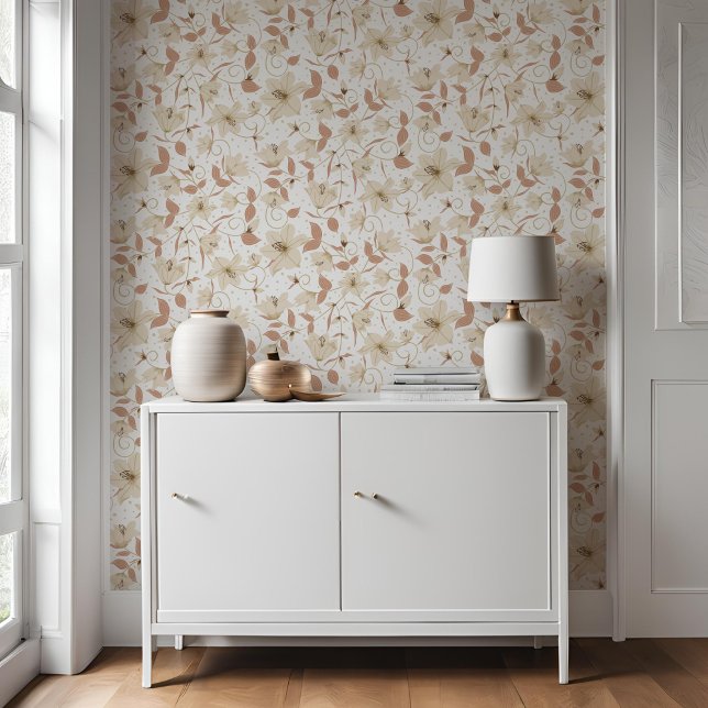 フローラ白ベージュリリー植物模様 壁紙 (クリエイターアップロード済み)