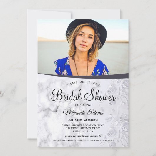 フローラ白大理石モダンフォトブライダルシャワー 招待状 (正面)