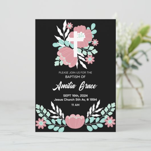 フローラ白黒エレガント洗礼招待状 招待状 (スタンド正面)