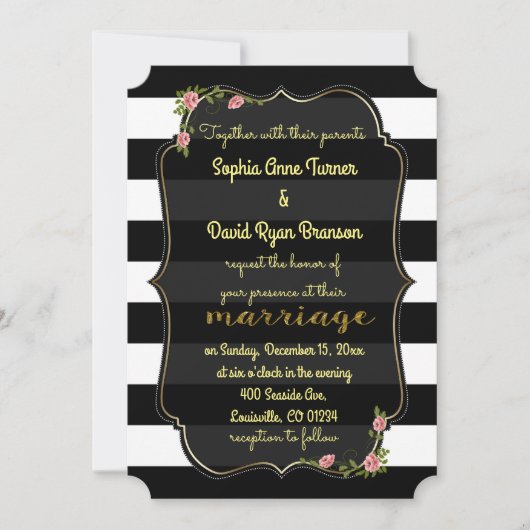 フローラ白黒ストライプ金ゴールド結婚式招待状 招待状 (正面)