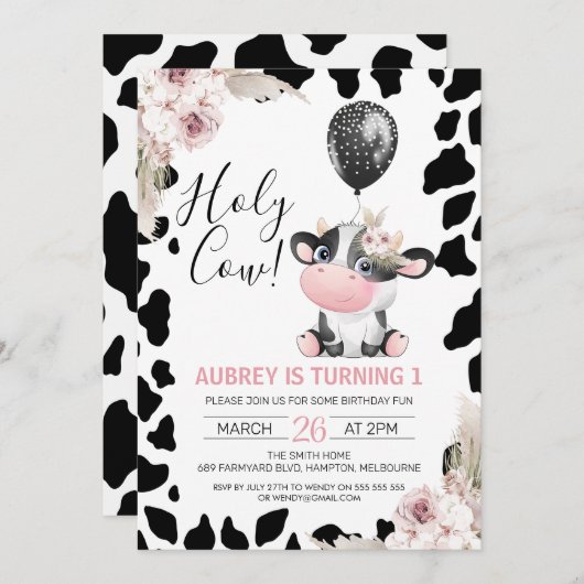 フローラ白黒牛プリントバルーン1st誕生日 招待状 (正面/裏面)