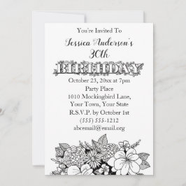 フローラ白黒第30回誕生日招待状 招待状