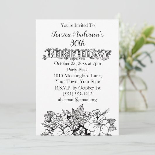 フローラ白黒第30回誕生日招待状 招待状 (スタンド正面)