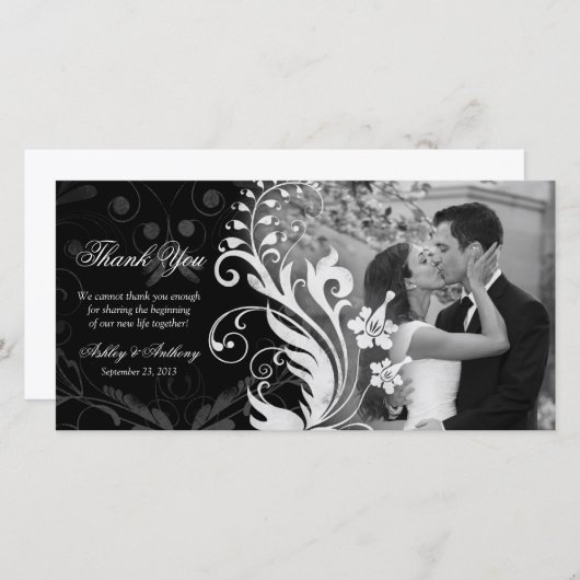 フローラ白黒結婚の感謝フォトカード サンキューカード (正面/裏面)