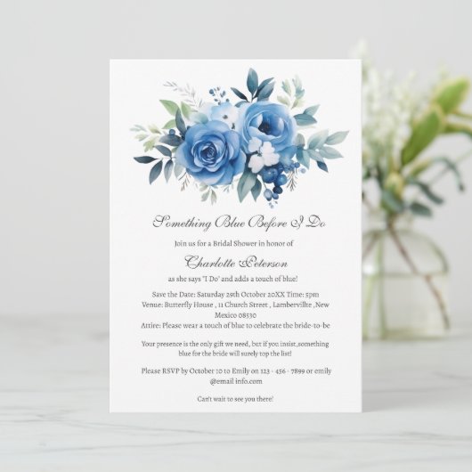 フローラ私が行う前に何か青いブライダルシャワー 招待状 (スタンド正面)