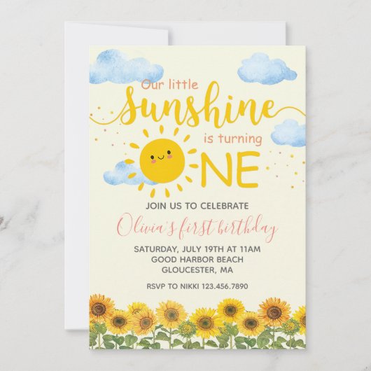 フローラ私たちの小さな太陽の光1st誕生日ひまわり 招待状 (正面)