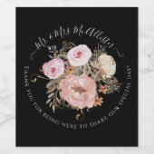 フローラ秋ウォーターカラーブラック赤面ピンクローズ金ゴールド ワインラベル (シングルラベル)