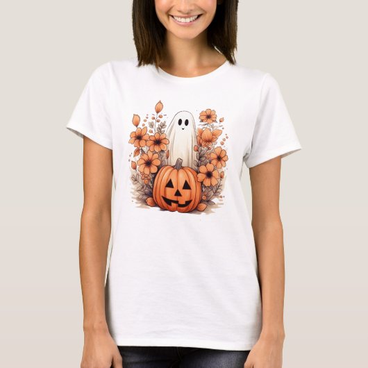 フローラ秋ハロウィーンパンプキン幽霊 Tシャツ (正面)