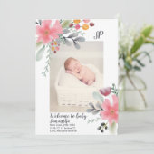 フローラ秋水色ピンクフォトベビー誕生 案内状 (スタンド正面)