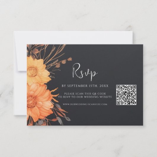 フローラ秋QRコードブラック結婚ズ 出欠カード (正面)