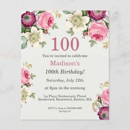 フローラ第100回予算誕生日招待状 (正面)