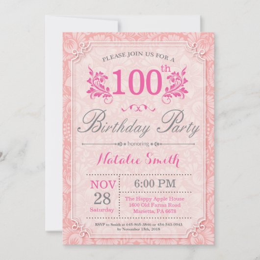 フローラ第100誕生日招待状ピンク·フォー·ウィメン 招待状 (正面)