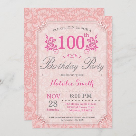 フローラ第100誕生日招待状ピンク·フォー·ウィメン 招待状 (正面/裏面)