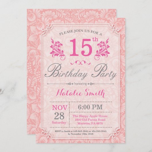 フローラ第15誕生日招待状ピンク 招待状 (正面/裏面)