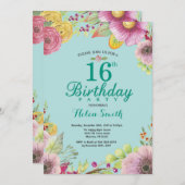 フローラ第16誕生日招待状女子ティール（緑がかった色） 招待状 (正面/裏面)