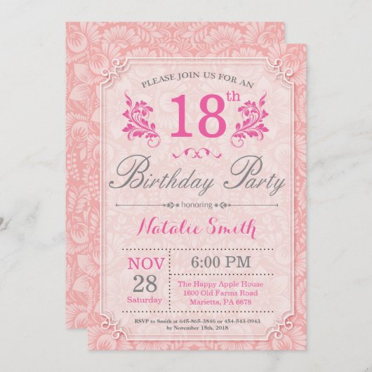 フローラ第18誕生日招待状ピンク 招待状 (正面/裏面)