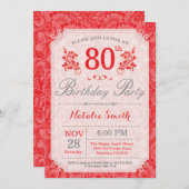 フローラ第80誕生日招待状レッド女性向け 招待状 (正面/裏面)