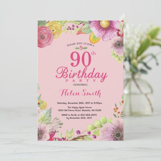 フローラ第90誕生日招待状(女性用ピンク) 招待状 (スタンド正面)