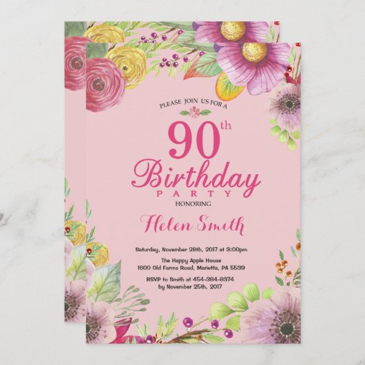フローラ第90誕生日招待状（女性用ピンク） 招待状 (正面/裏面)