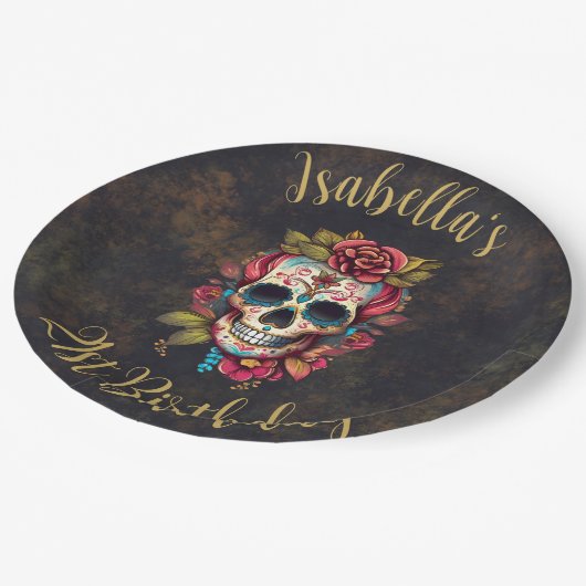 フローラ糖スカルマイルストーン誕生日 ペーパープレート (アングル)