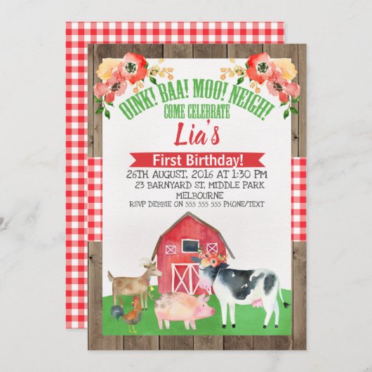 フローラ納屋周囲の庭ファームの誕生日の招待 招待状 (正面/裏面)