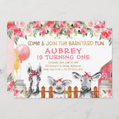 フローラ納屋周囲の庭家畜誕生日招待状 招待状 (正面/裏面)