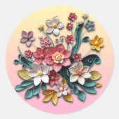 フローラ紙クイリング | ピンクと黄色の花 ラウンドシール (正面)