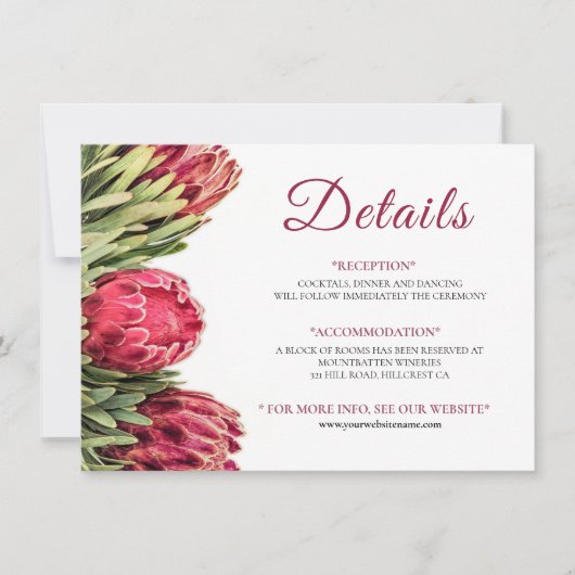 フローラ素晴らしピンクプロテア結婚のエンクロージャカード (正面)