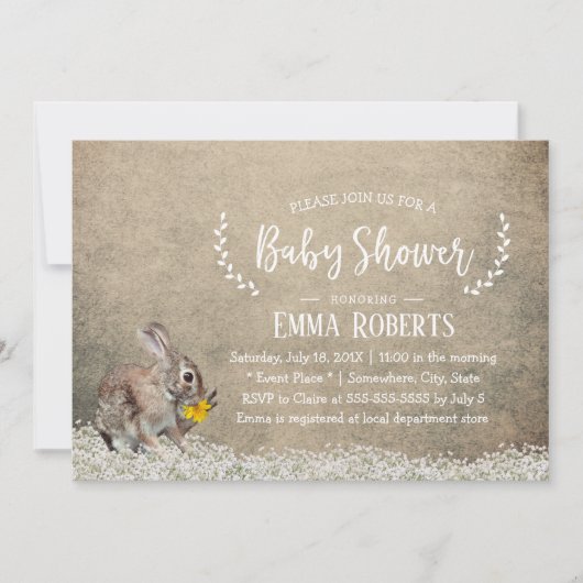 フローラ素朴かわいいウサギの赤ちゃんシャワー 招待状 (正面)