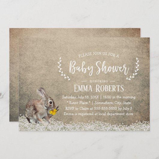 フローラ素朴かわいいウサギの赤ちゃんシャワー 招待状 (正面/裏面)