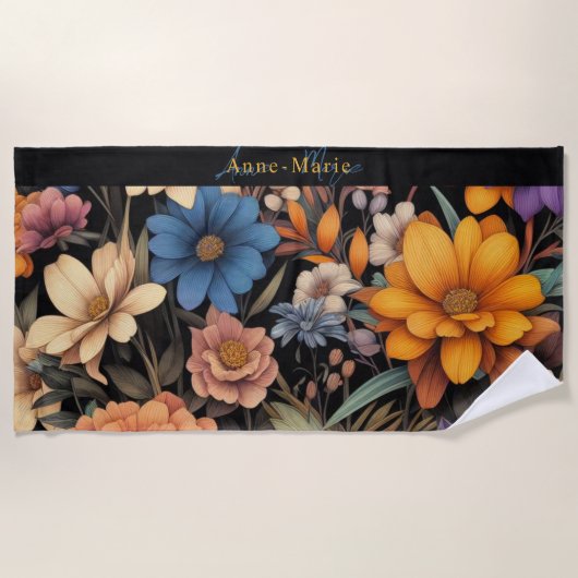 フローラ素朴なヴィンテージエレガントブラック ビーチタオル (正面)