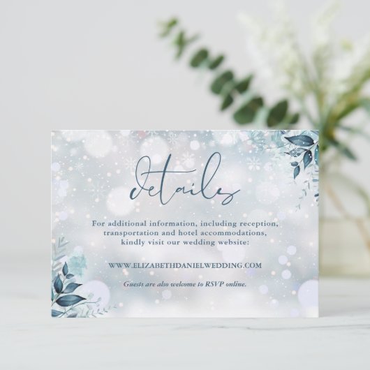 フローラ素朴の雪の結晶の冬の結婚式詳細 エンクロージャーカード (スタンド正面)