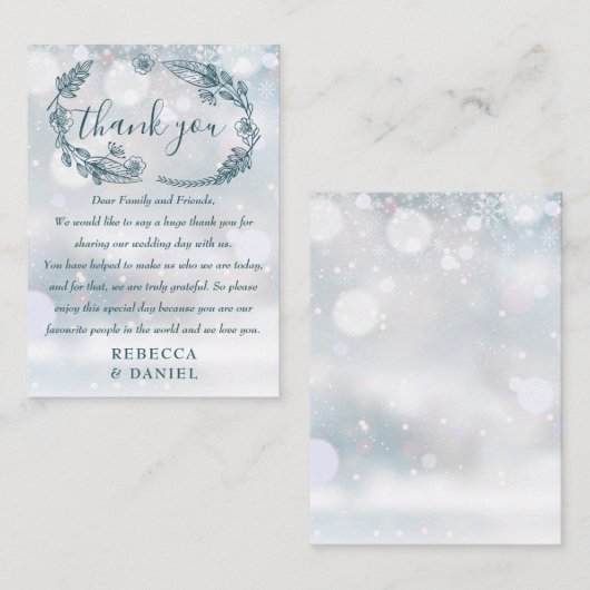 フローラ素朴の雪の結晶の冬の結婚式 プレイスカード (正面/裏面)