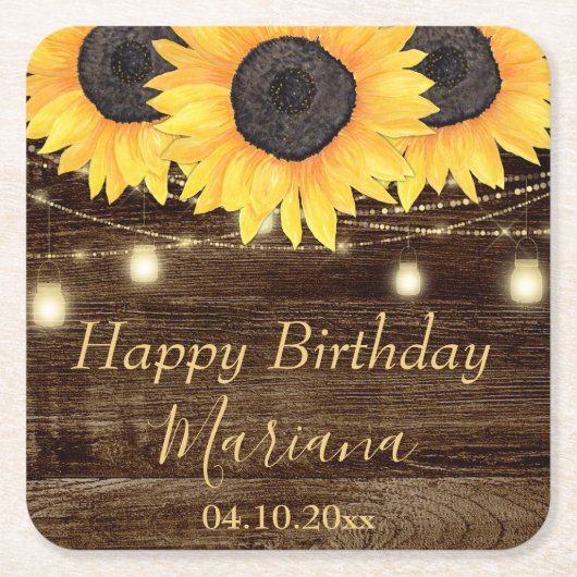 フローラ素朴ひまわり誕生日パーティー スクエアペーパーコースター (正面)