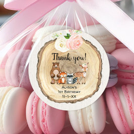 フローラ素朴ウッドランドかわいい動物の女の子の誕生日 ラウンドシール