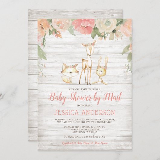 フローラ素朴ウッドランドガールベビーシャワーバイメール 招待状 (正面/裏面)