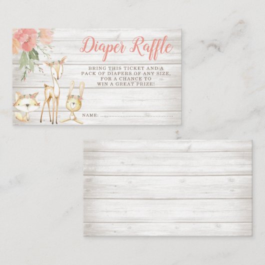 フローラ素朴ウッドランド動物少女おむつラッフル エンクロージャーカード (正面/裏面)