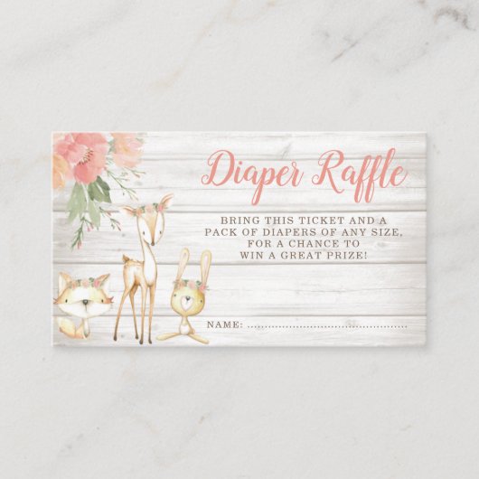 フローラ素朴ウッドランド動物少女おむつラッフル エンクロージャーカード (正面)