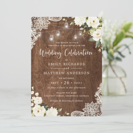 フローラ素朴ウッドレースストリングライツメイソンジャー 招待状 (スタンド正面)