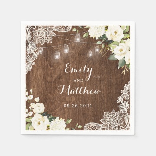 フローラ素朴ウッドレースストリングライツライツメイソンジャース スタンダードカクテルナプキン (正面)