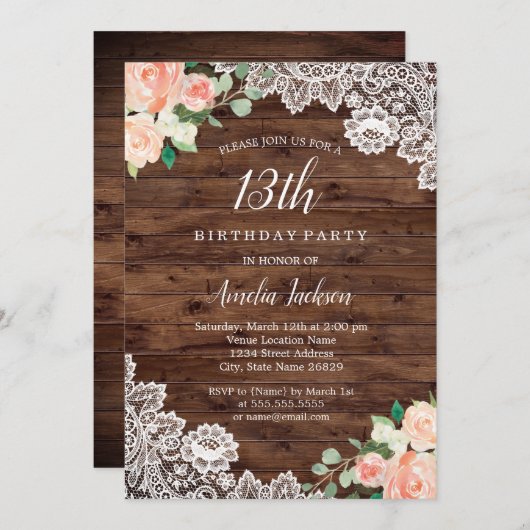 フローラ素朴ウッドレース13番目の誕生日招待状 招待状 (正面/裏面)