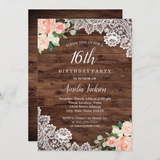 フローラ素朴ウッドレース16番目の誕生日招待状 招待状 (正面/裏面)