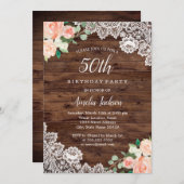 フローラ素朴ウッドレース50番目の誕生日招待状 招待状 (正面/裏面)