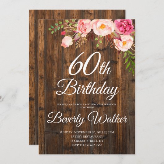 フローラ素朴ウッド60誕生日 招待状 (正面/裏面)