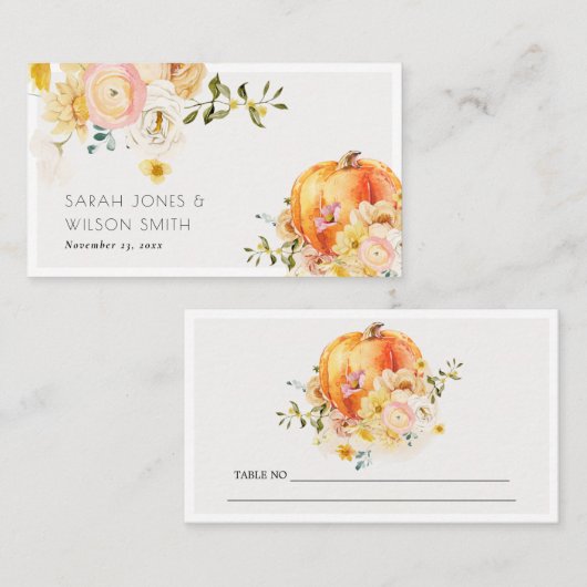 フローラ素朴オレンジオータムカボチャ結婚の プレイスカード (正面/裏面)
