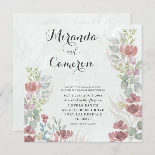 フローラ素朴オレンジ色の水のカラー結婚式招待状 (正面/裏面)